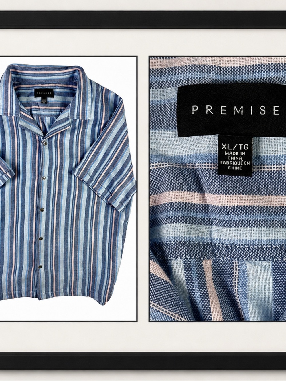 Premise Men's Blue and Light Pink Striped Short-Sleeve Button-Down Shirt